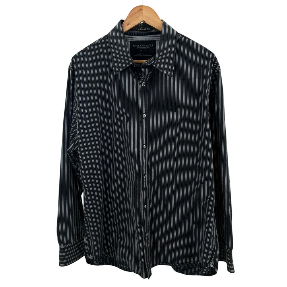 American Eagle Men’s Button-Up Shirt XL Black Striped Long Sleeve‎ Vintage Fit